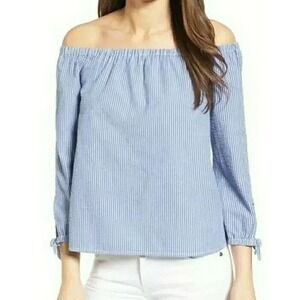 Striped Off Shoulder Blouse Long Sleeve Tie Cuff Casual Top